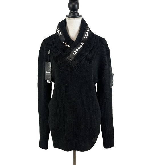 Leif Nelson Mens Pullover Sweater size Large Black Zipper Pockets Name Logo - Picture 1 of 10